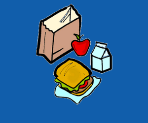  cartoon drawing of a paper lunch bag, sandwich and apple